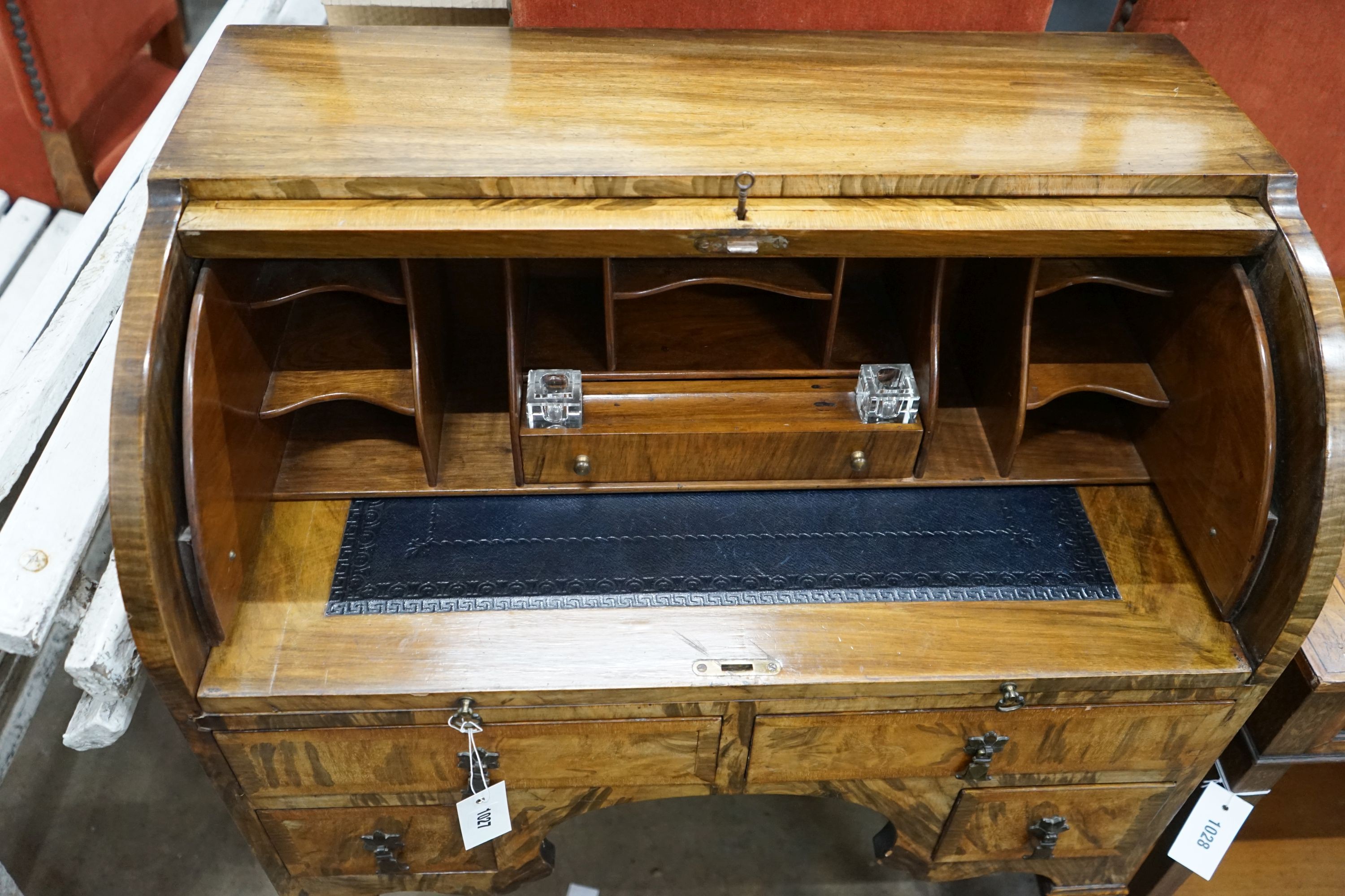 A George III style walnut and simulated walnut cylinder bureau, width 72cm, depth 42cm, height 98cm